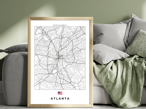 Right view of Atlanta wall artwork map, featuring detailed landscapes and key landmarks in an artistic design.