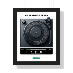 Front view of a personalized album art poster mockup in black, showcasing a custom song title and artwork. The poster is elegantly framed and set against a contemporary interior backdrop.