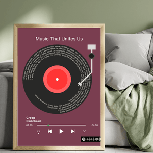 Left side view of a custom album art poster mockup featuring personalized song title and artwork, displayed in a stylish frame against a modern interior background.