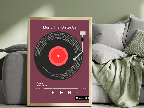 Left side view of a custom album art poster mockup featuring personalized song title and artwork, displayed in a stylish frame against a modern interior background.