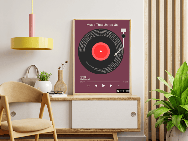 Right side view of a custom album art poster mockup featuring personalized song title and artwork, displayed in a stylish frame against a modern interior background.