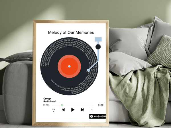 Left side view of album art poster mockup showcasing a personalized song title design, elegantly framed and hanging on a wall, with soft lighting that highlights the artwork