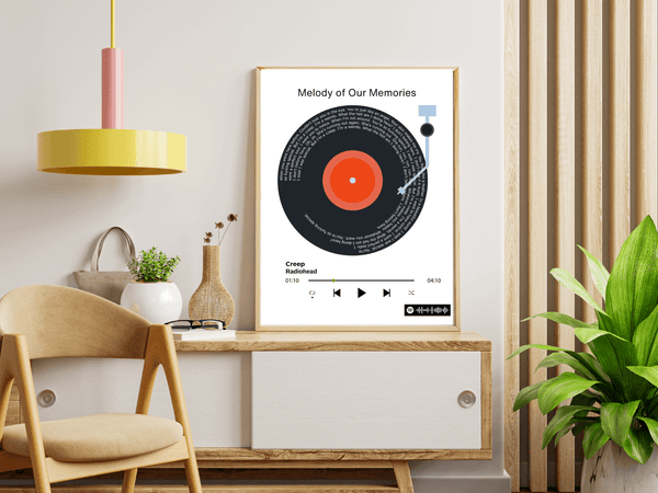 Right side view of album art poster mockup showcasing a personalized song title design, elegantly framed and hanging on a wall, with soft lighting that highlights the artwork