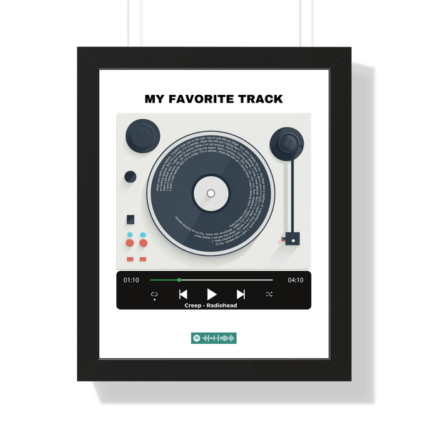 Front view of a custom album art poster mockup with a white turntable with personalized song title and artwork