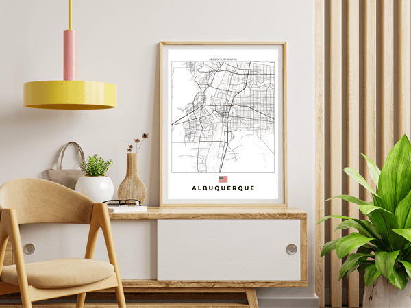 Left view of Albuquerque wall artwork map, featuring detailed landscapes and key landmarks in an artistic design.