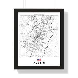 Front view of Austin wall artwork map, featuring detailed landscapes and key landmarks in an artistic design.