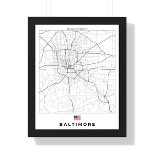 Front view of Baltimore wall artwork map, featuring detailed landscapes and key landmarks in an artistic design.