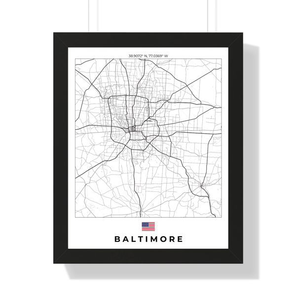 Front view of Baltimore wall artwork map, featuring detailed landscapes and key landmarks in an artistic design.