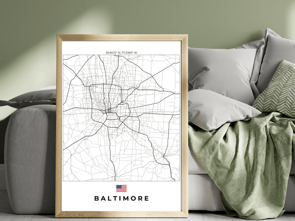 Right view of Baltimore wall artwork map, featuring detailed landscapes and key landmarks in an artistic design.