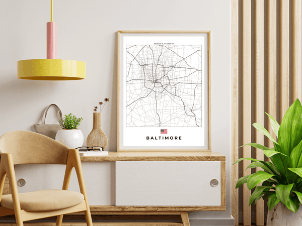 Left view of Baltimore wall artwork map, featuring detailed landscapes and key landmarks in an artistic design.