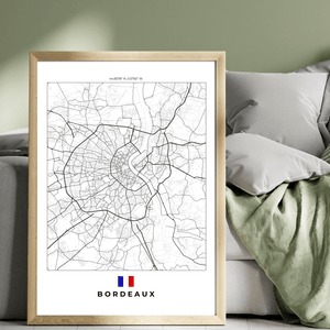 Left view of Bordeaux wall artwork map, featuring detailed landscapes and key landmarks in an artistic design.