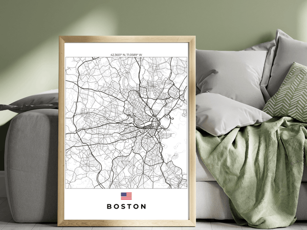 Right view of Boston wall artwork map, featuring detailed landscapes and key landmarks in an artistic design.