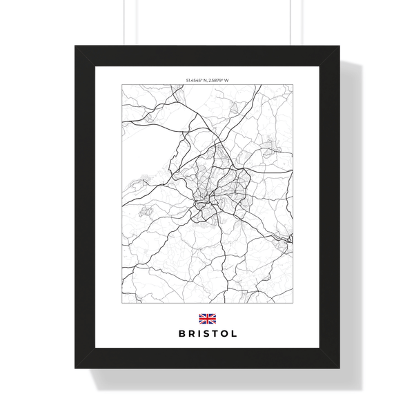 Front view of a Bristol map print, showcasing detailed landmarks and landscapes in a vibrant, artistic design.