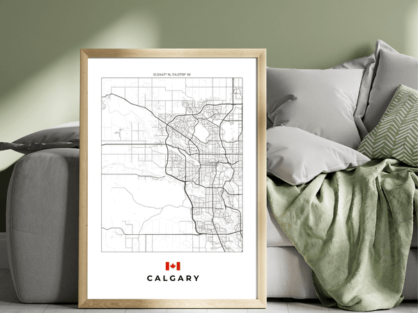 Left view of Calgary wall artwork map, featuring detailed landscapes and key landmarks in an artistic design.