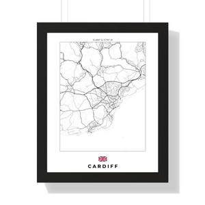 Front view of a Cardiff map print, showcasing detailed landmarks and landscapes in a vibrant, artistic design.