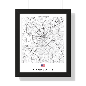 Front view of Charlotte wall artwork map, featuring detailed landscapes and key landmarks in an artistic design.