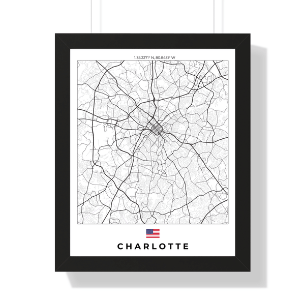 Front view of Charlotte wall artwork map, featuring detailed landscapes and key landmarks in an artistic design.