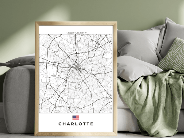 Right view of Charlotte wall artwork map, featuring detailed landscapes and key landmarks in an artistic design.