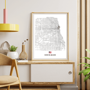 Left view of Chicago wall artwork map, featuring detailed landscapes and key landmarks in an artistic design.o