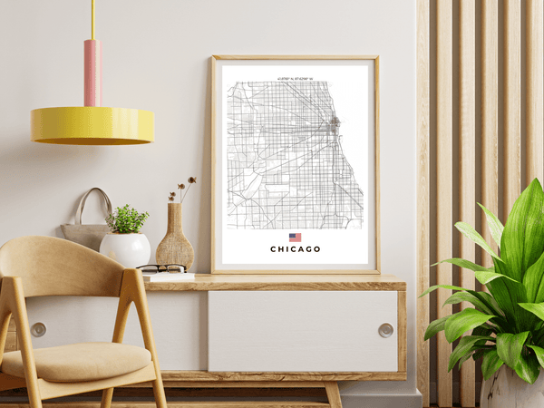 Left view of Chicago wall artwork map, featuring detailed landscapes and key landmarks in an artistic design.o