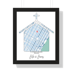 Front view of custom location wall artwork map with outline of a church as wedding gift or cherish memory. 