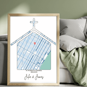 Mockup Front view of custom location wall artwork map with outline of a church as wedding gift or cherish memory in a living room