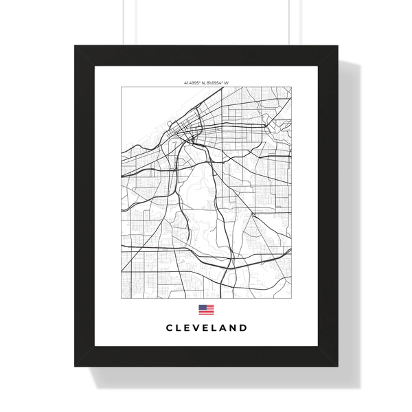 Front view of Cleveland wall artwork map, featuring detailed landscapes and key landmarks in an artistic design.