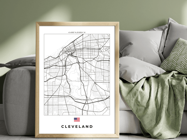 Right view of Cleveland wall artwork map, featuring detailed landscapes and key landmarks in an artistic design.