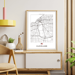 Left view of Cleveland wall artwork map, featuring detailed landscapes and key landmarks in an artistic design.