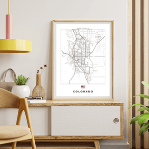 Left view of Colorado wall artwork map, featuring detailed landscapes and key landmarks in an artistic design.