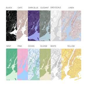 Variation of color theme of romantic wall artwork map, featuring a custom map with outline of a church design.