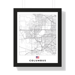 Front view of Columbus wall artwork map, featuring detailed landscapes and key landmarks in an artistic design.