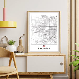 Left view of Columbus wall artwork map, featuring detailed landscapes and key landmarks in an artistic design.