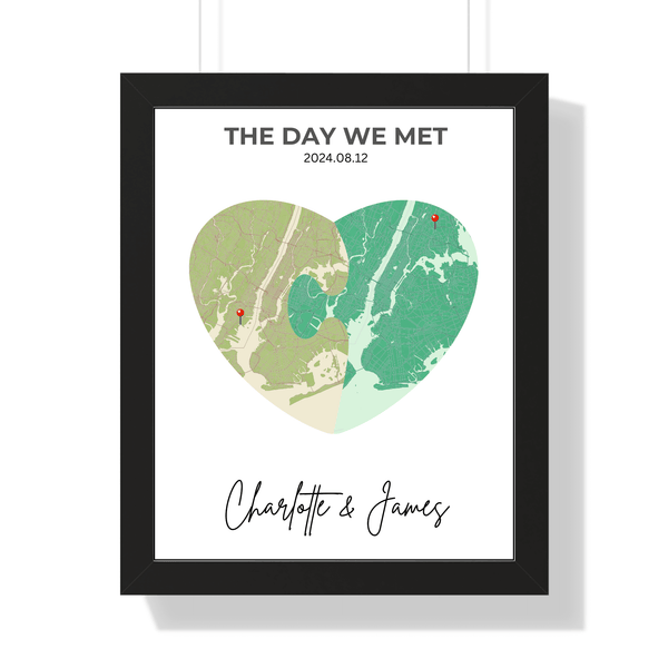 Mockup 2 of romantic wall artwork map, featuring intersecting hearts for special location and event in an artistic design with green color