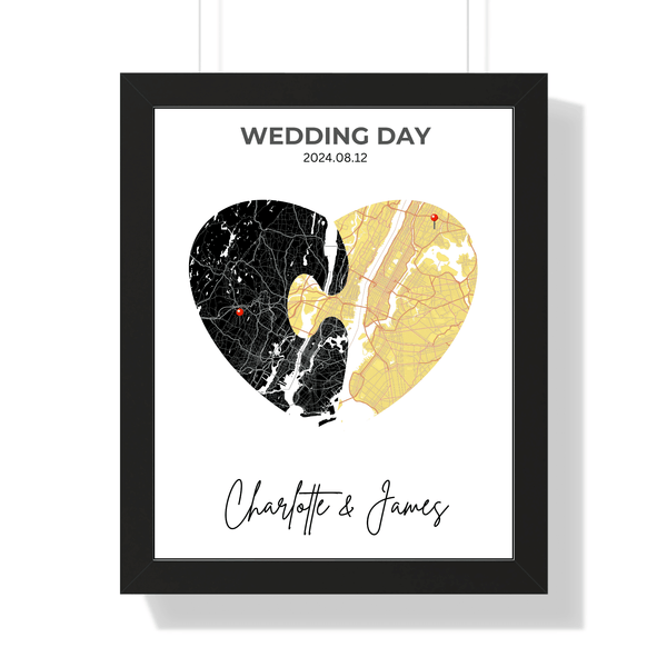 Mockup 5 of romantic wall artwork map, featuring intersecting hearts for special location and event in an artistic design with black and yellow color