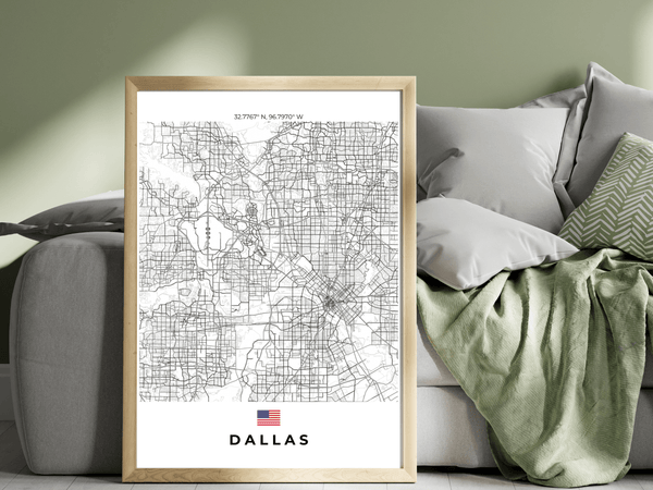 Right view of Dallas wall artwork map, featuring detailed landscapes and key landmarks in an artistic design.