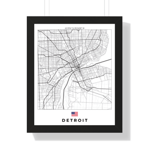 Front view of Detroit wall artwork map, featuring detailed landscapes and key landmarks in an artistic design.