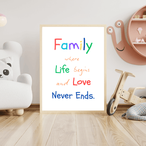 Front view of wall art featuring the quote 'family and love' in elegant typography