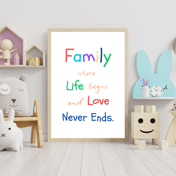 Front view of wall art featuring the quote 'family and love' in elegant typography of a living room mockup