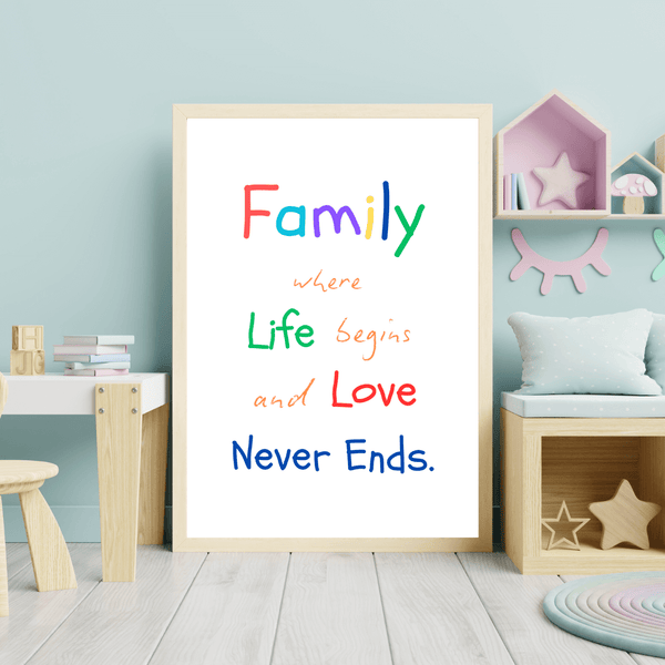 Front view of wall art featuring the quote 'Family and love' in elegant typography of a play room mockup