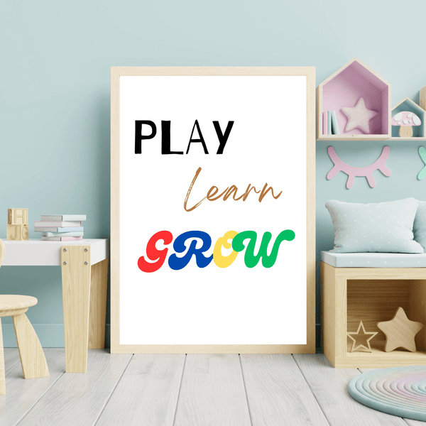 Front view of wall art featuring the quote 'Play, Learn, and Grow' in elegant typography of a bed room mockup