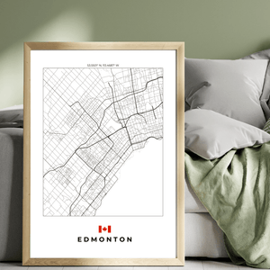 Left view of Edmonton wall artwork map, featuring detailed landscapes and key landmarks in an artistic design.