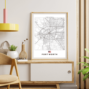 Left view of Fort Worth wall artwork map, featuring detailed landscapes and key landmarks in an artistic design.