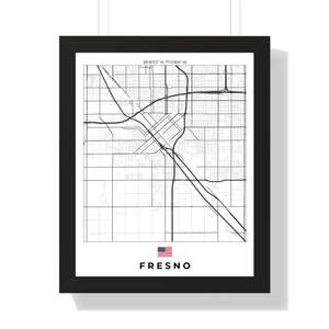 Front view of Fresno wall artwork map, featuring detailed landscapes and key landmarks in an artistic design.