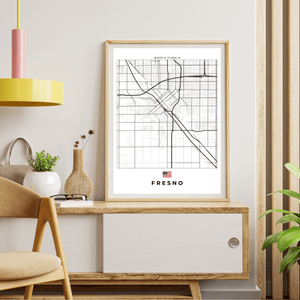 Left view of Fresno wall artwork map, featuring detailed landscapes and key landmarks in an artistic design.