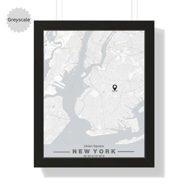 Front view of custom location wall artwork map in greyscale, featuring detailed landscapes and key landmarks in an artistic design.