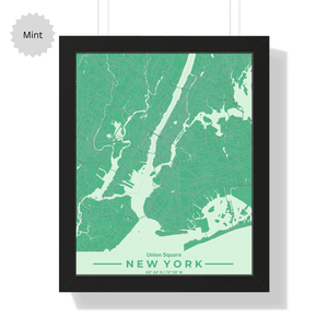 Front view of custom location wall artwork map in Mint, featuring detailed landscapes and key landmarks in an artistic design.