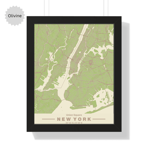 Front view of custom location wall artwork map in olivine color, featuring detailed landscapes and key landmarks in an artistic design.