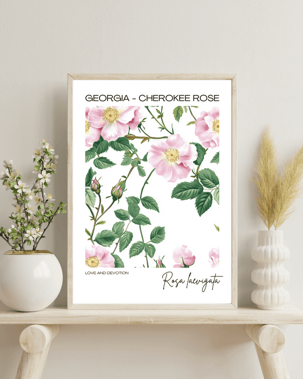 Georgia - Cherokee Rose Name State Flowers Wallart - Timeless Floral Elegance