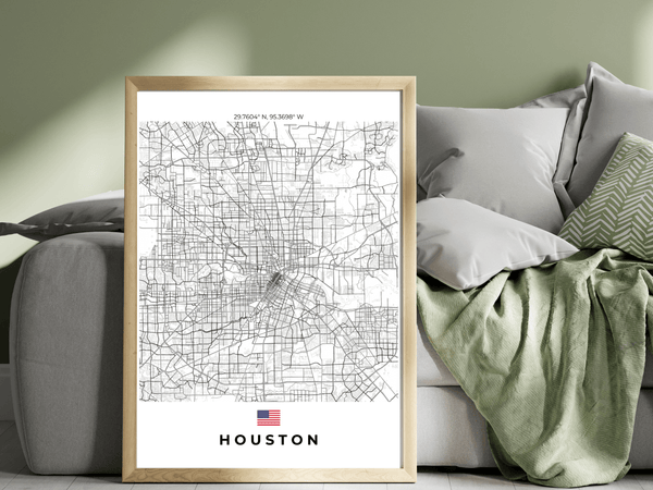 Right view of Houston wall artwork map, featuring detailed landscapes and key landmarks in an artistic design.